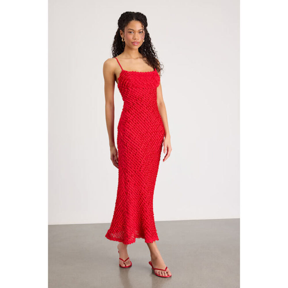 Lulus Noria Red Ruffled Lace Slip Midi Dress - Size L
